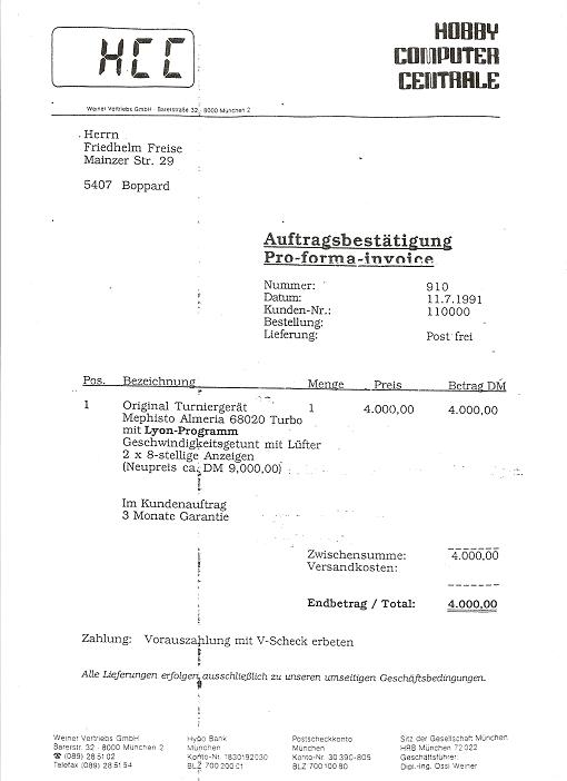 Mephisto Almeria Turniermaschine Invoice